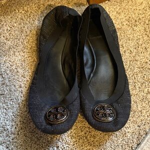 Tory Burch Black Textured Flats with Logo Accent